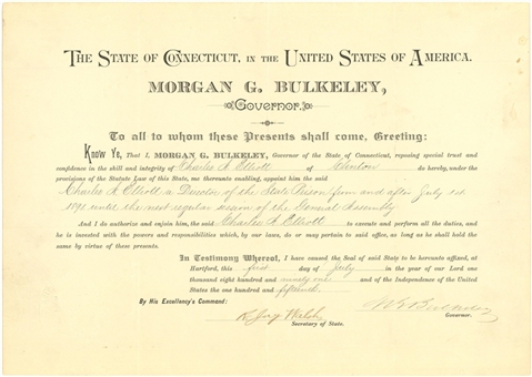 1891 Morgan G. Bulkeley Signed State of Connecticut Appointment (JSA)